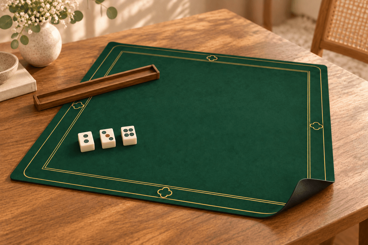 Hunter-green mahjong mat with a thin printed gold border, three ivory dot tiles and a wooden rack on an oak table, with one corner showing the black backing.