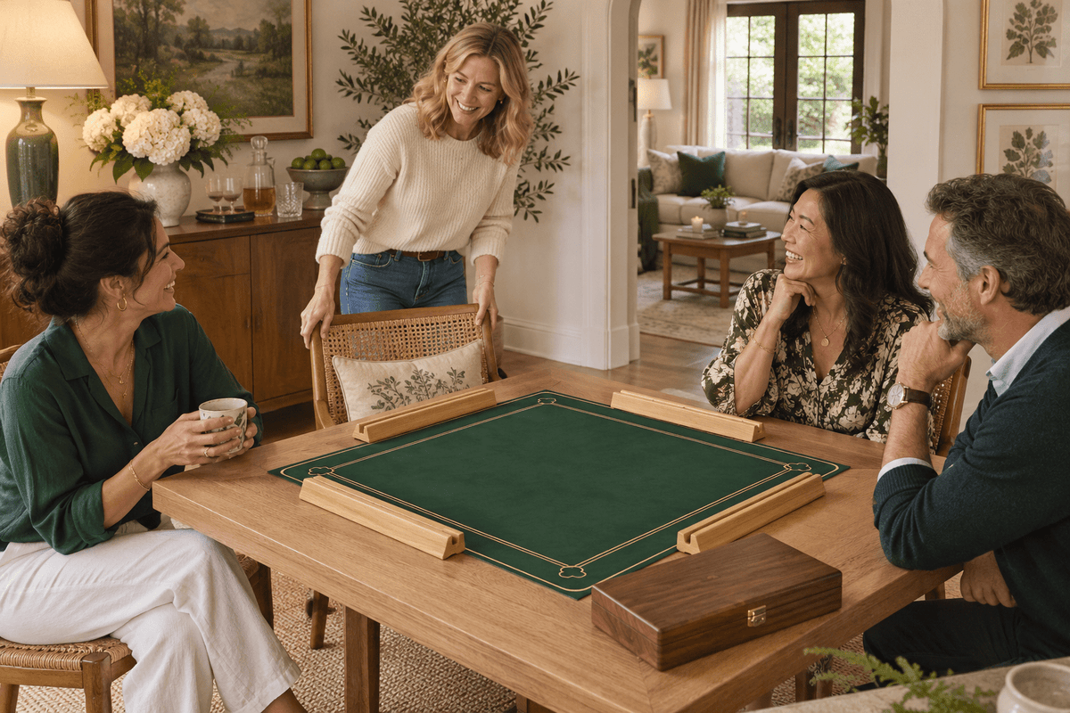 Four adults gathering around an oak table with a green HUNTER mahjong mat and wooden racks before playing.