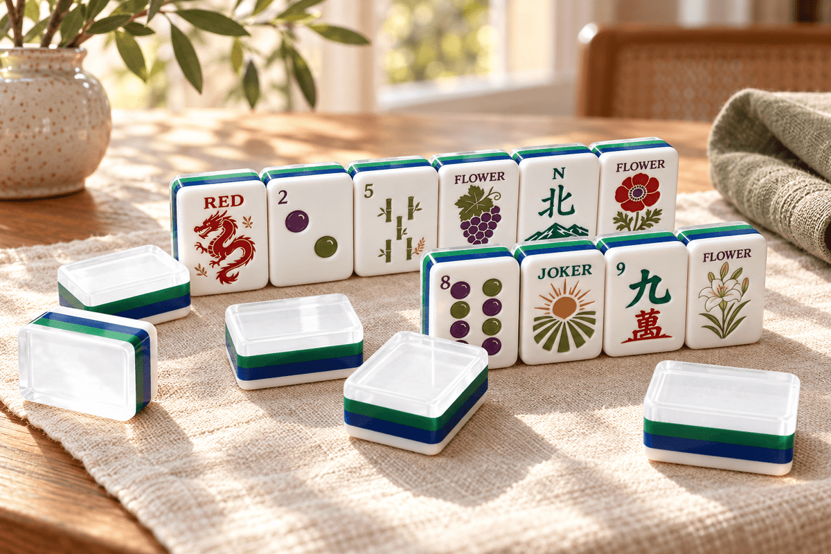 Earthy Botanical American mahjong tiles with illustrated faces and blue and green layers, arranged on ivory linen in a sunlit room.