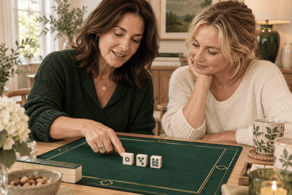 Two women exploring mahjong circle tiles together on a green HUNTER mat during a relaxed lesson.
