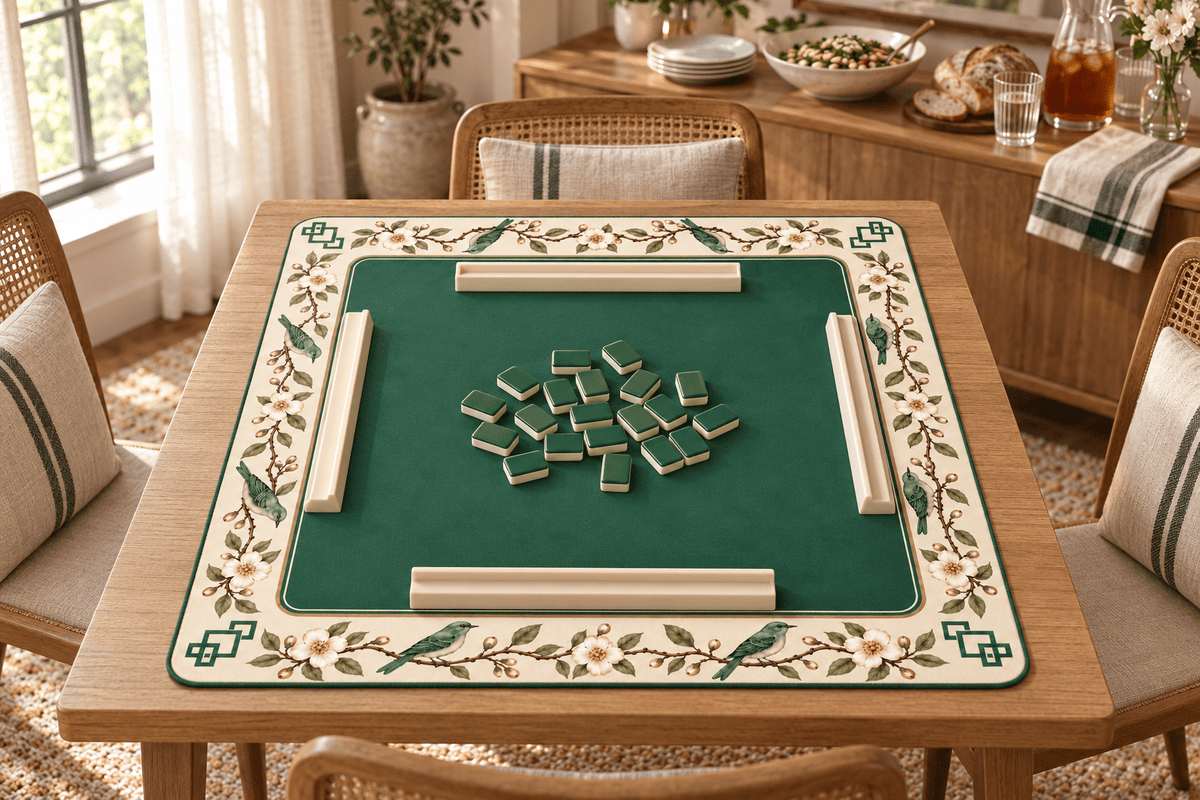 Evergreen Song mahjong mat with green songbirds and ivory blossoms on an oak table, with lunch set on a nearby sideboard.