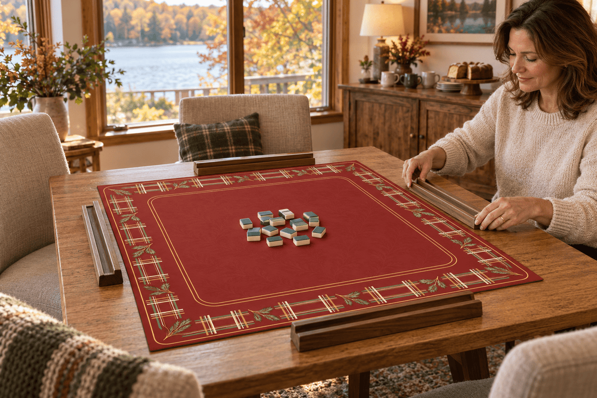A host preparing the rust-red CABIN FEVER mahjong mat with empty wooden racks and face-down tiles in a bright lakeside room with autumn foliage.