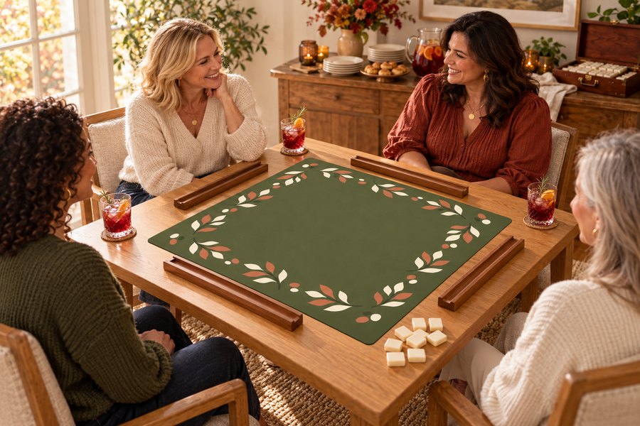 Four friends gathered around an OLIVE & EARTH mahjong mat with empty wooden racks before play at a Friendsgiving gathering.