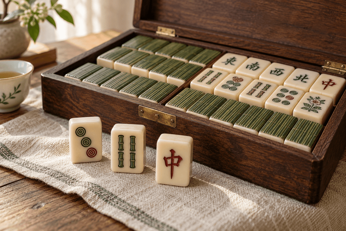 Illustrative still life of a wooden mahjong tile case, ivory and bamboo tiles, and a cup of tea.