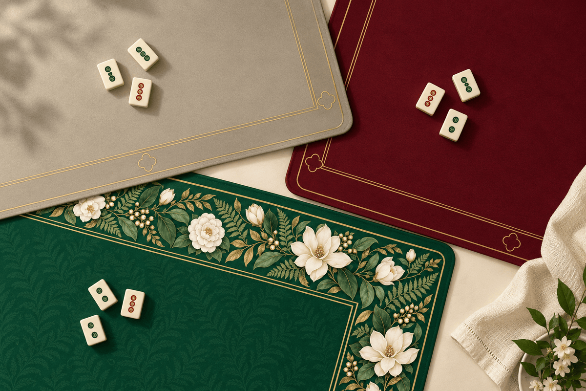 Taupe, burgundy and emerald green mahjong mats arranged with ivory tiles on a linen-covered table.
