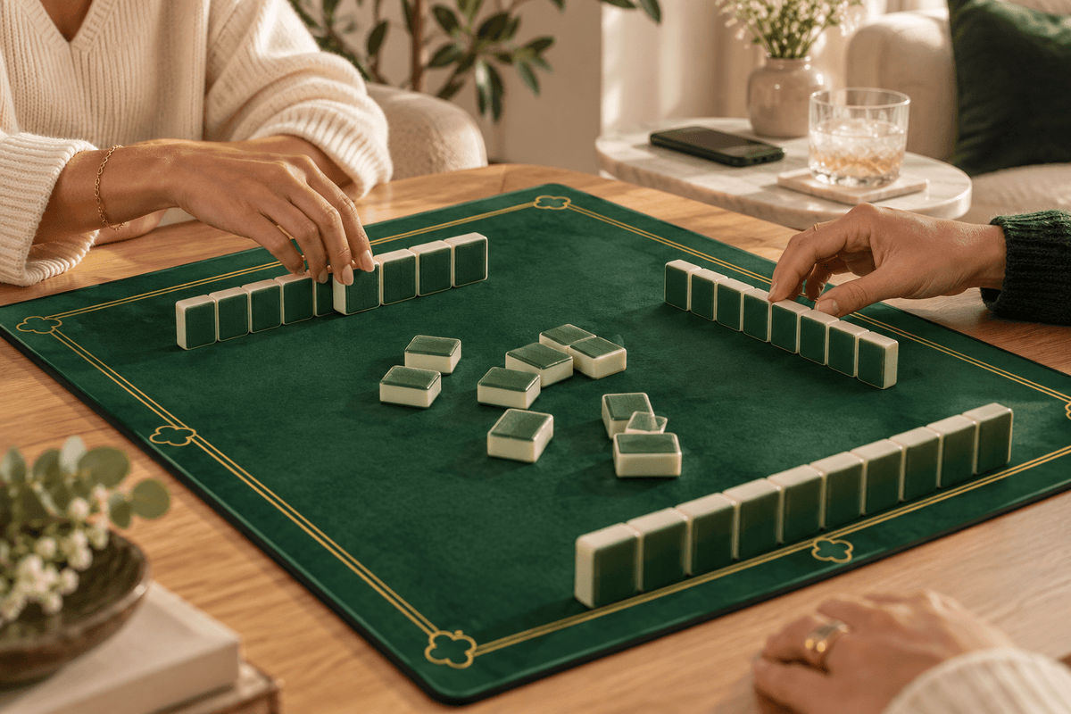 Players carefully arranging green-backed mahjong tiles, with a phone and drink kept on a separate side table.