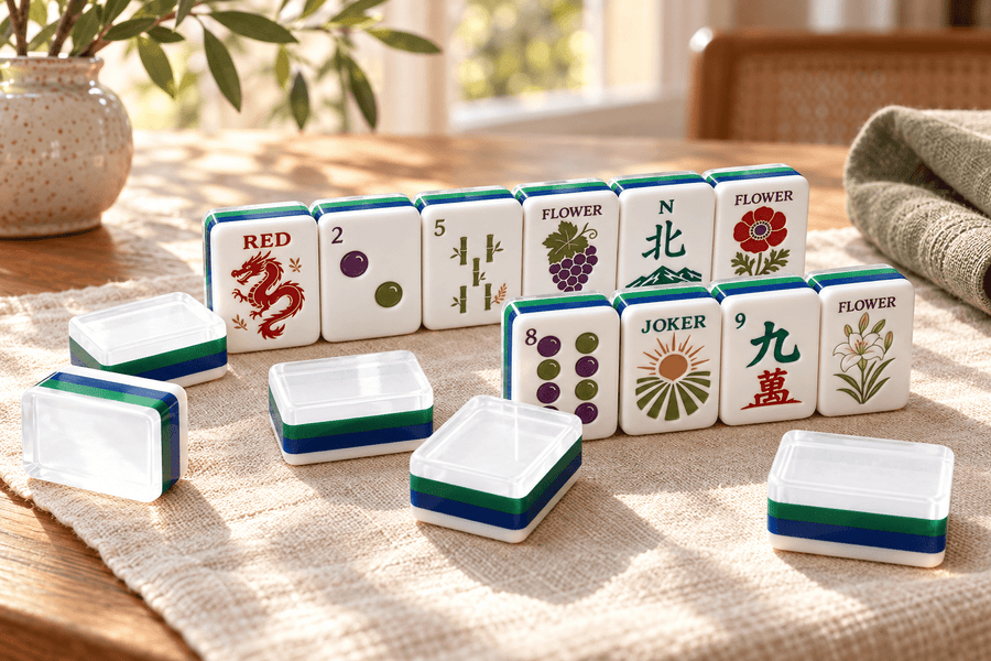 Earthy Botanical American mahjong tiles with illustrated faces and blue and green layers, arranged on ivory linen in a sunlit room.