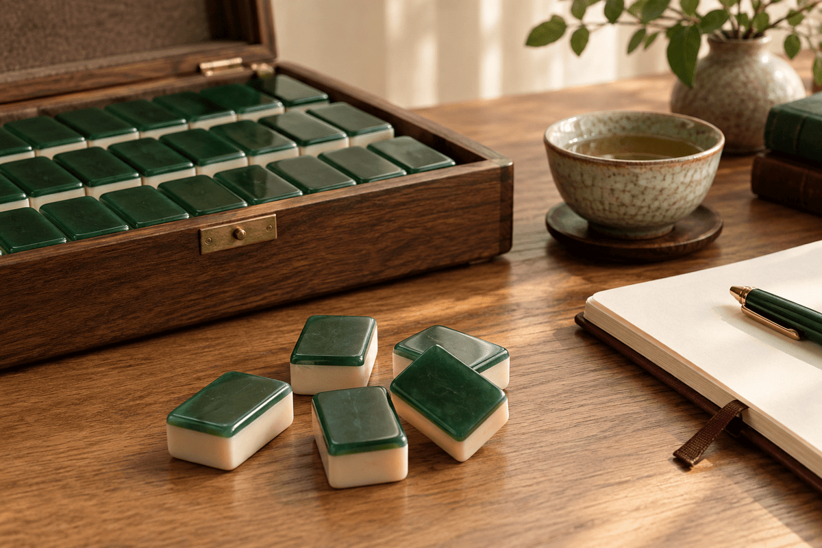 Green-backed mahjong tiles with an open wooden case, a notebook and a ceramic cup of tea.
