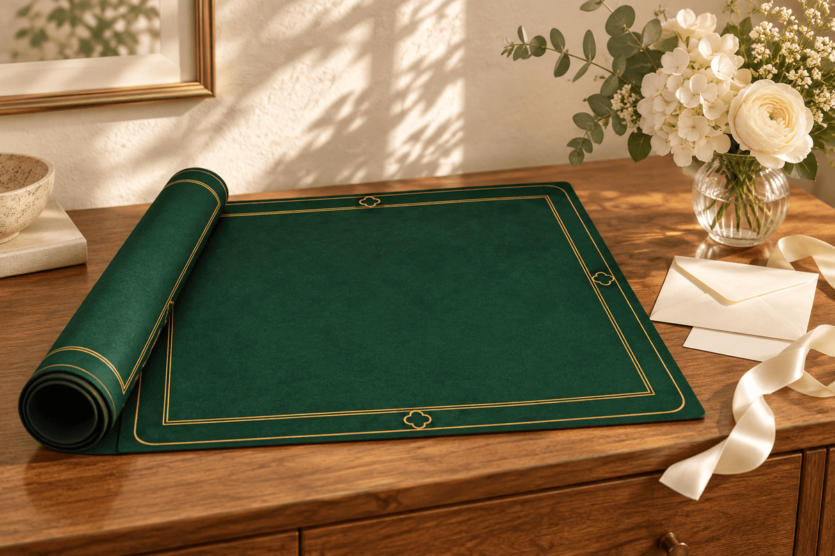 Partially rolled HUNTER green mahjong mat beside cream flowers, an envelope and ivory ribbon.