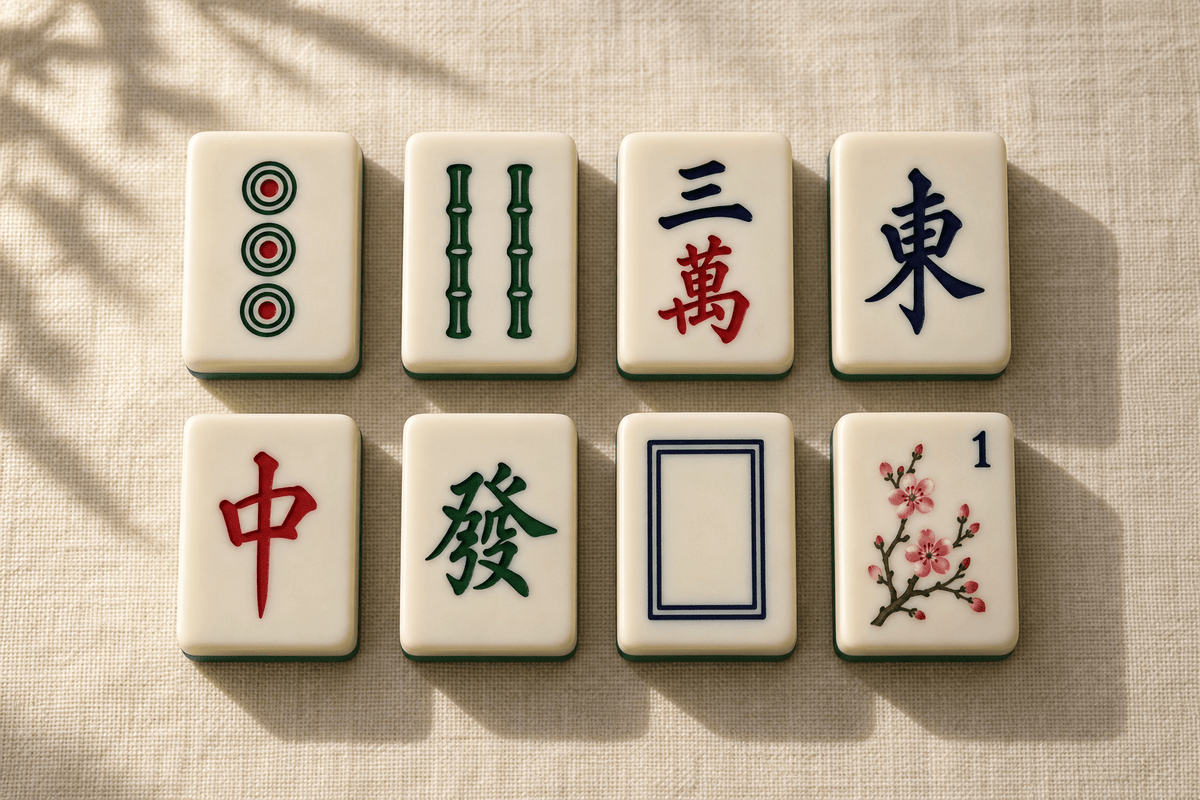 Illustrated mahjong tiles showing dots, bamboo, characters, an east wind, three dragons and a flower on ivory linen.