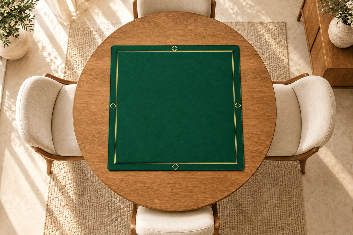 Overhead view of a HUNTER green square mahjong mat on a round oak table with four cream chairs.