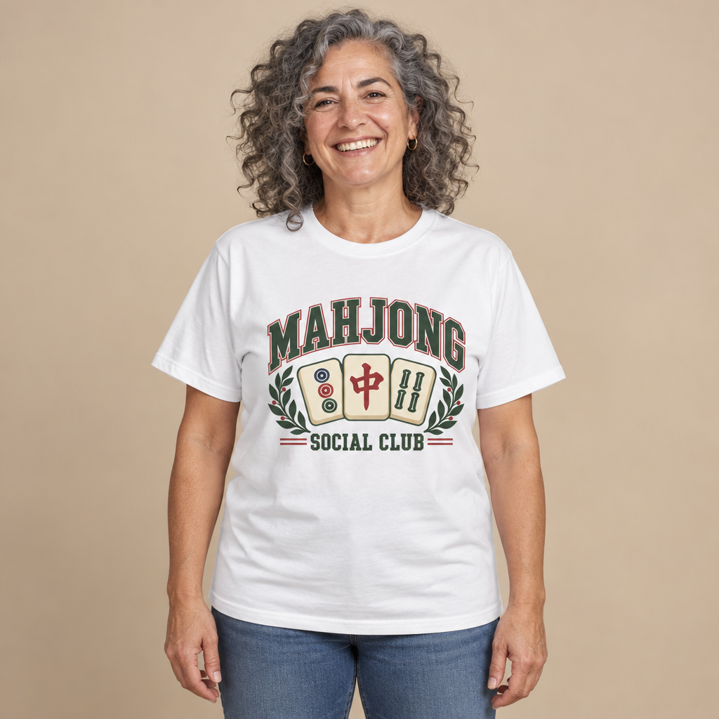 Mahjong Social Club T-Shirt in white, worn with jeans