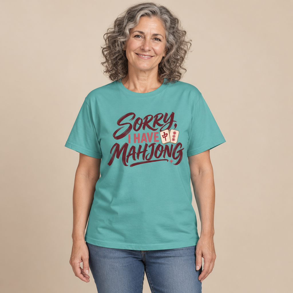 Sorry, I Have Mahjong T-Shirt in Seafoam green