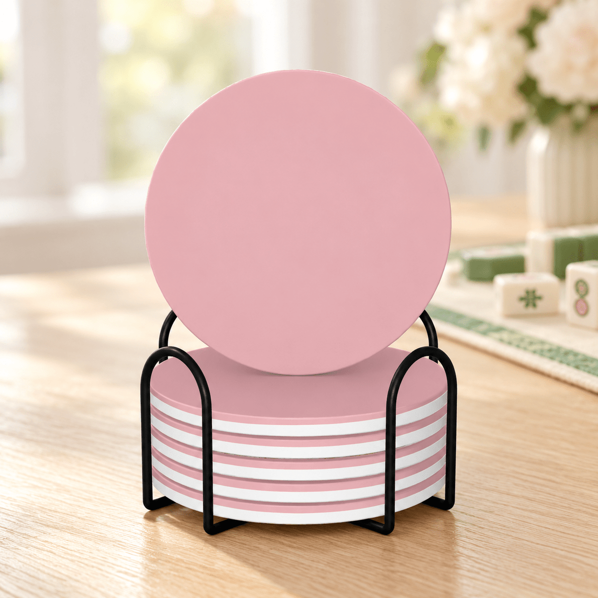 Blush Pink Ceramic Coasters with Holder | Set of 6 - Mahj Mat Studio