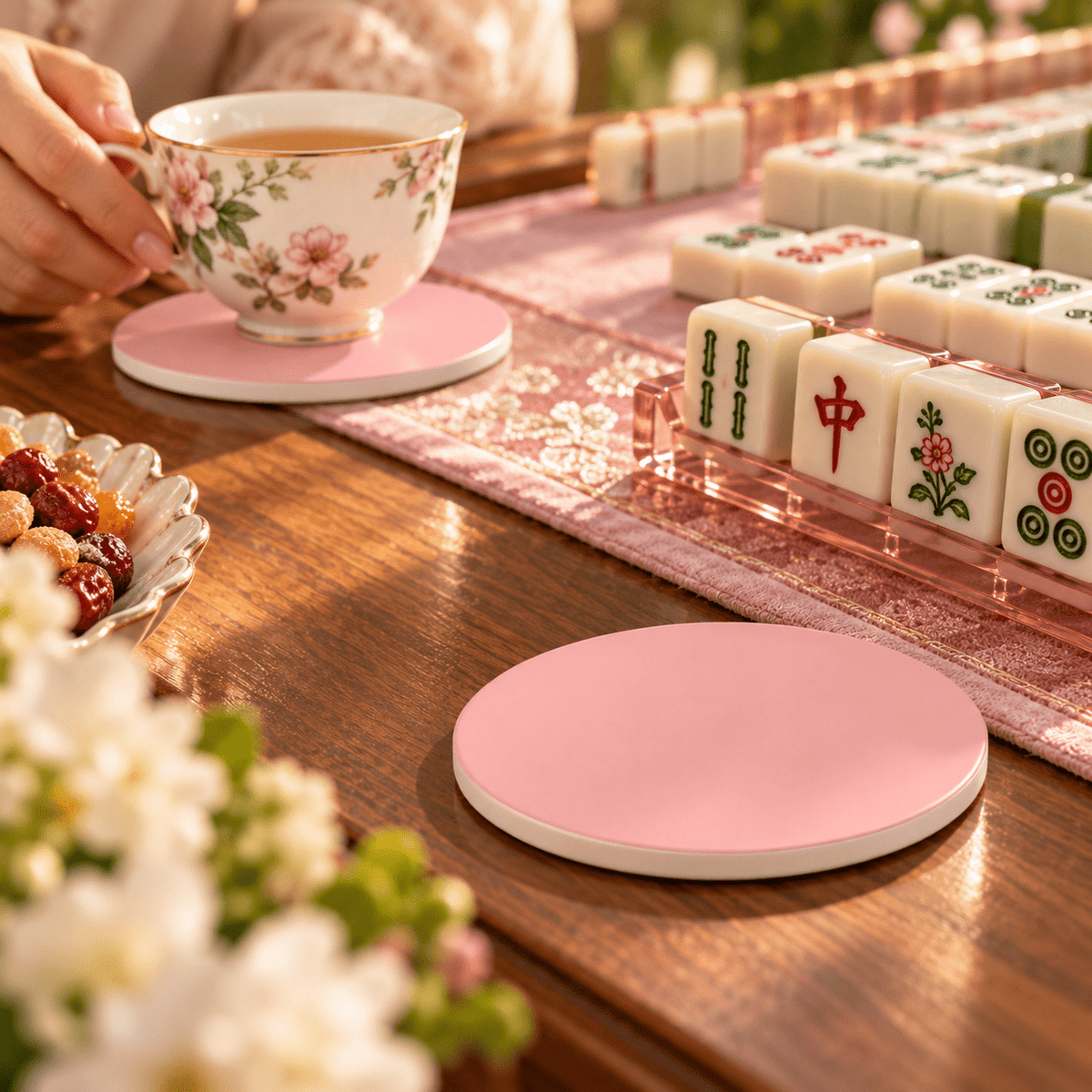 Blush Pink Ceramic Coasters with Holder | Set of 6 - Mahj Mat Studio