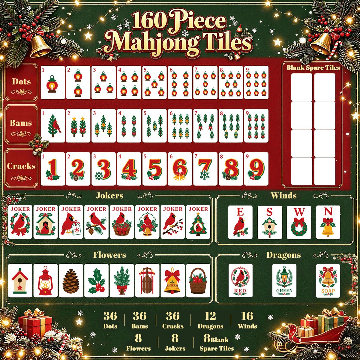 Christmas Cardinal American Mahjong Tile Set - Mahj Mat Studio