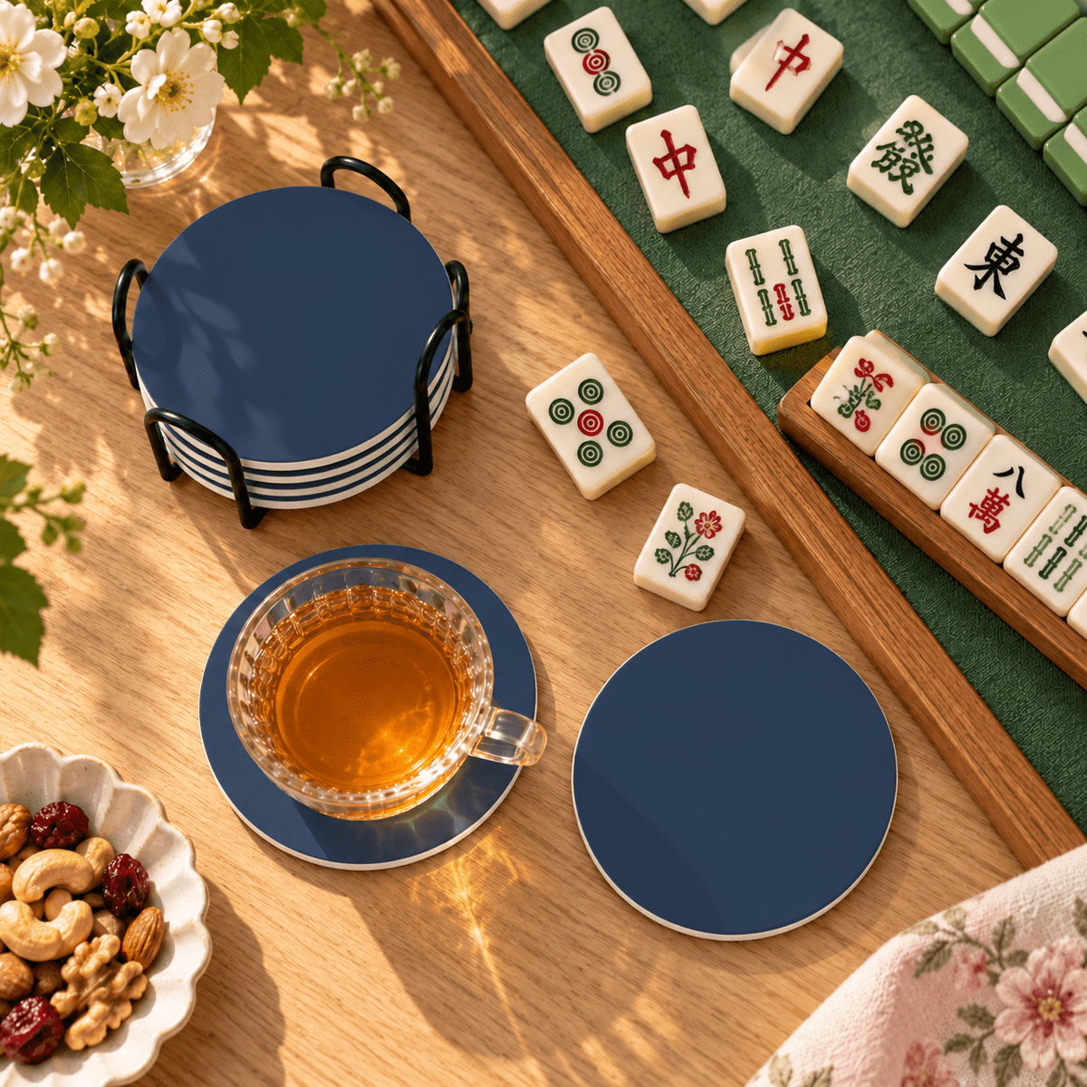 Classic Navy Ceramic Coasters with Holder | Set of 6 - Mahj Mat Studio