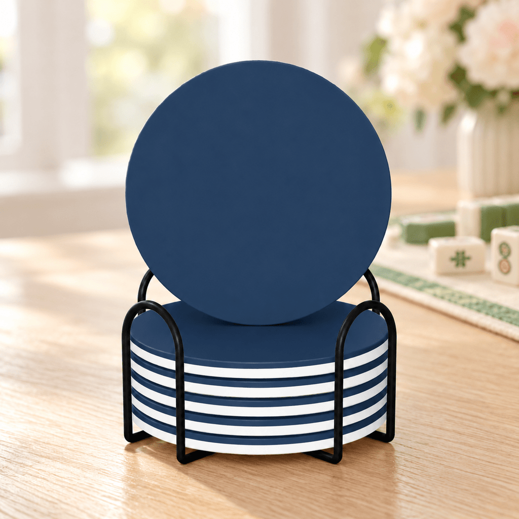 Classic Navy Ceramic Coasters with Holder | Set of 6 - Mahj Mat Studio