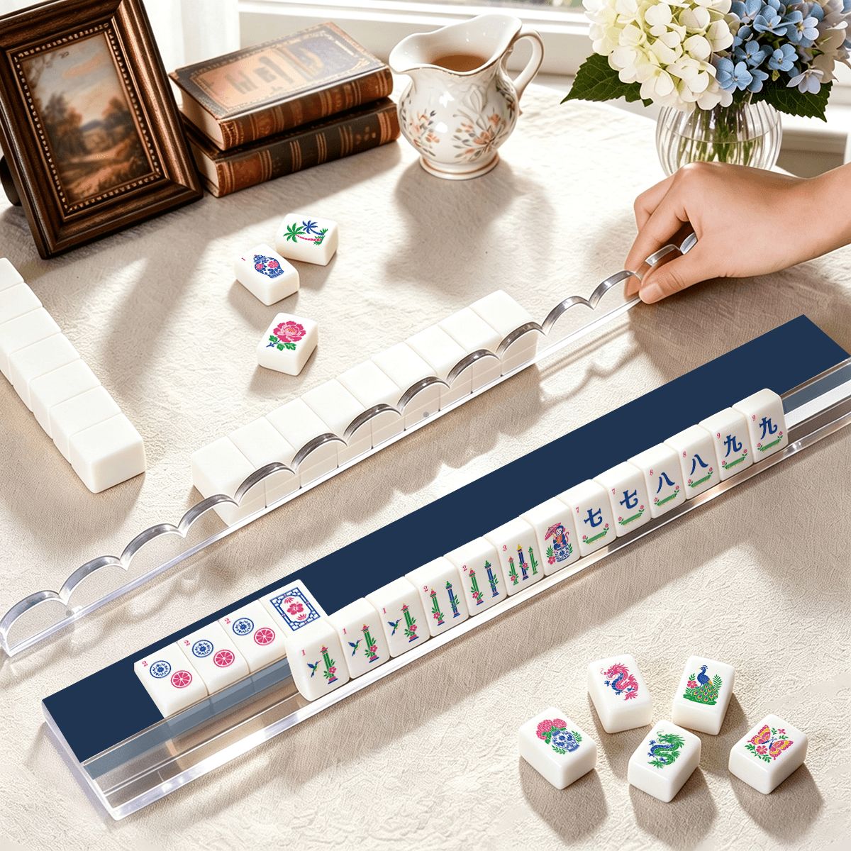 Classic Navy Mahjong Rack & Pusher Set of 4 - Mahj Mat Studio