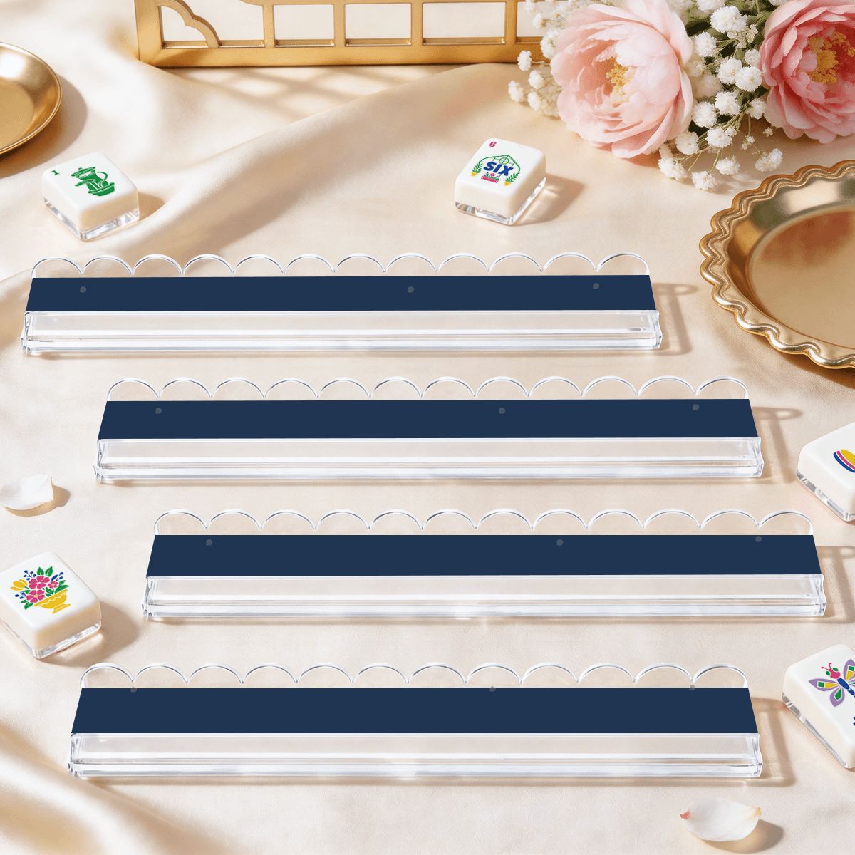 Classic Navy Mahjong Rack & Pusher Set of 4 - Mahj Mat Studio
