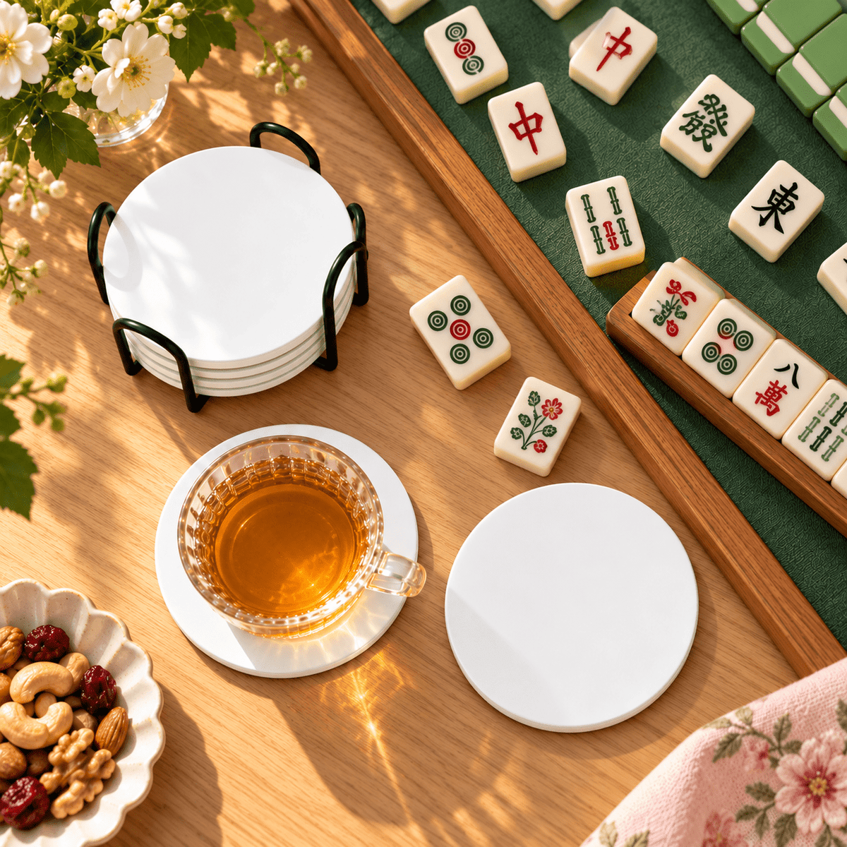 Classic White Ceramic Coasters with Holder | Set of 6 - Mahj Mat Studio