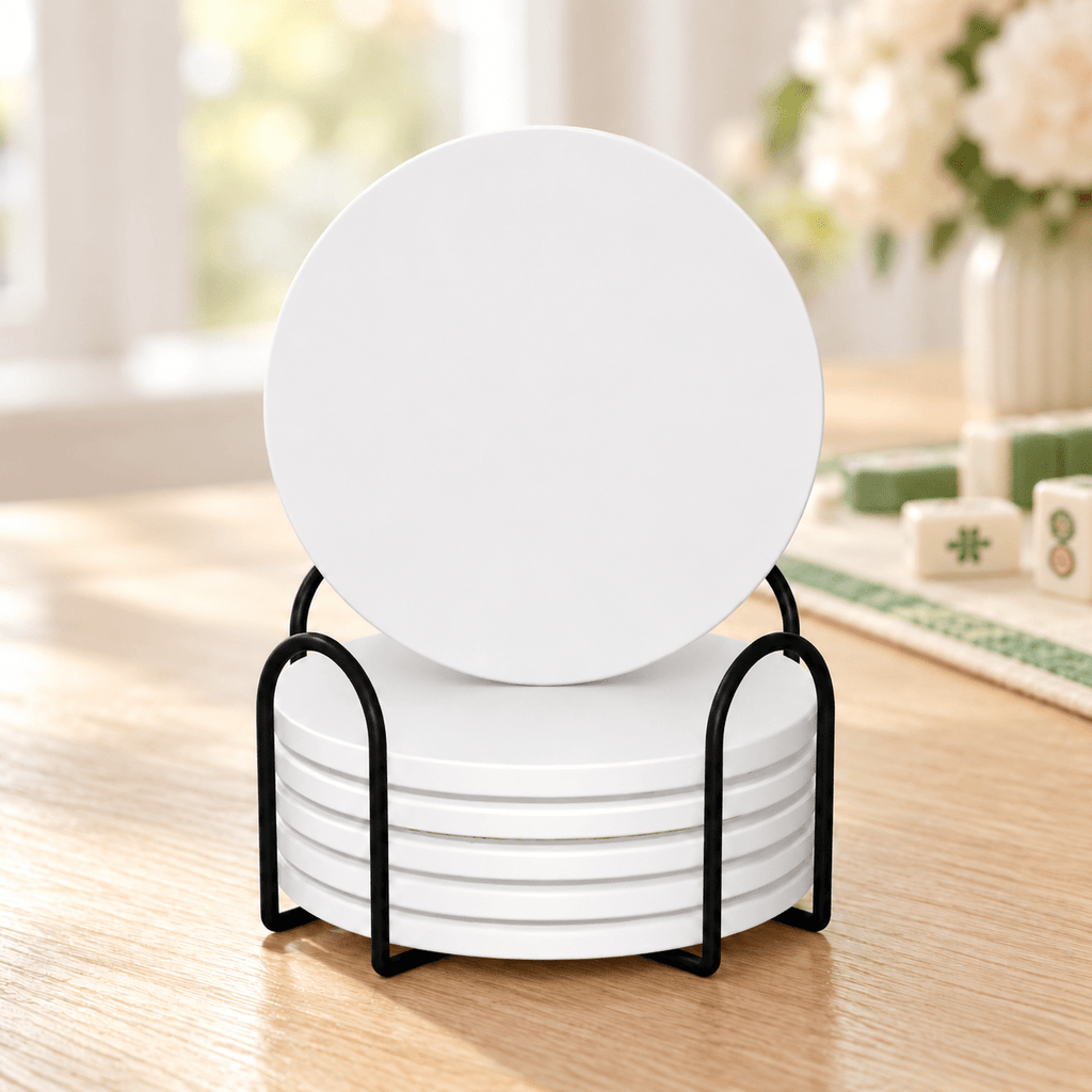 Classic White Ceramic Coasters with Holder | Set of 6 - Mahj Mat Studio