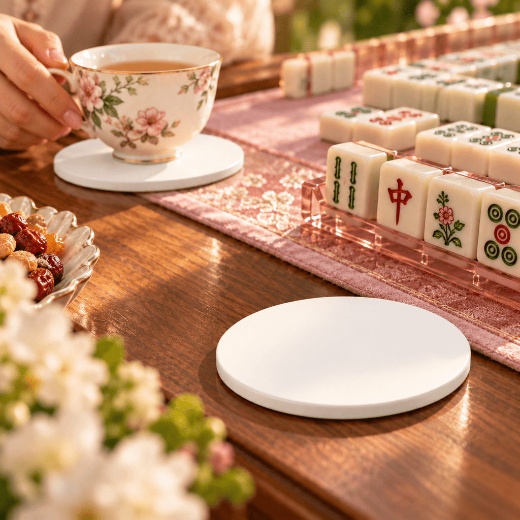 Classic White Ceramic Coasters with Holder | Set of 6 - Mahj Mat Studio