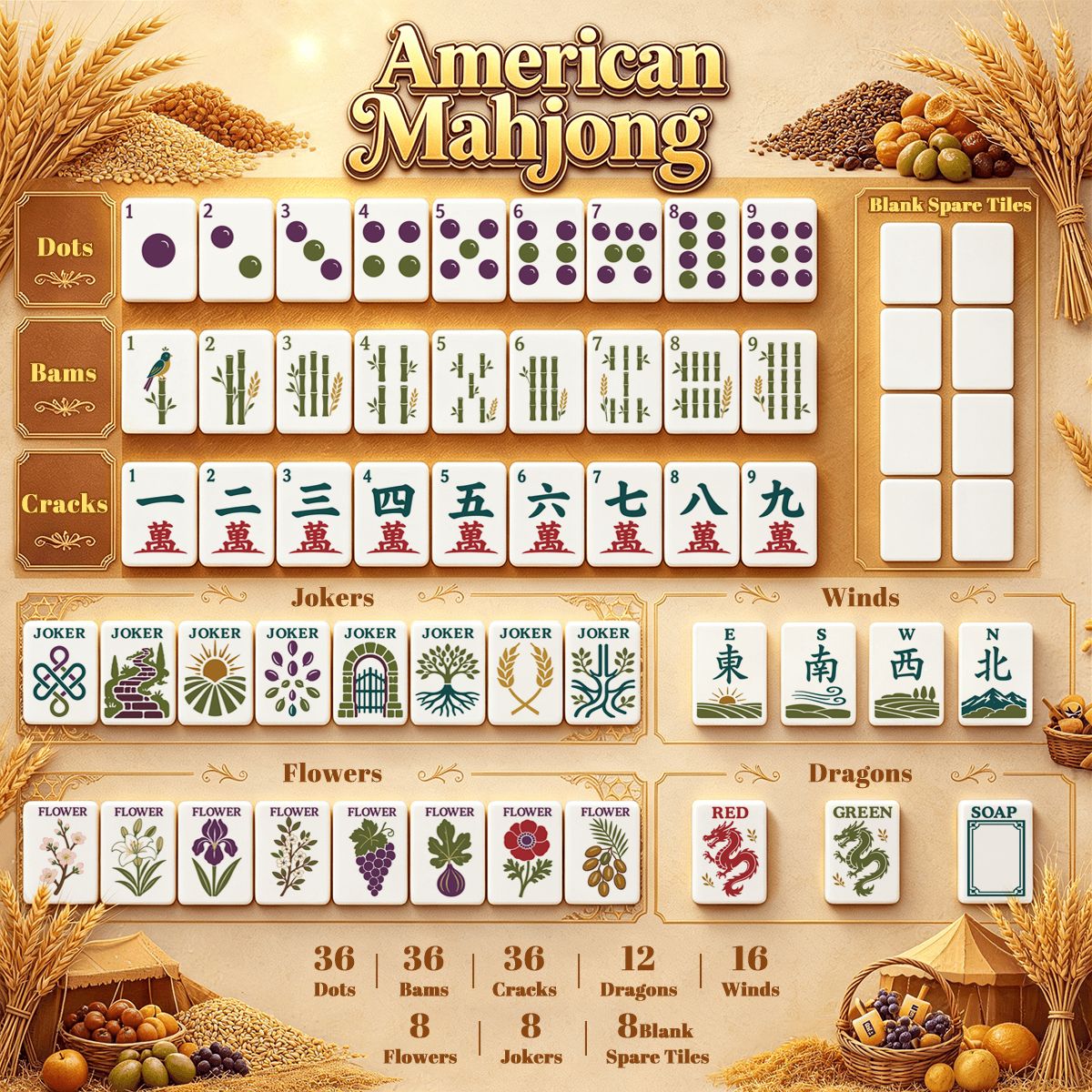 Earthy Botanical American Mahjong Tiles - Mahj Mat Studio