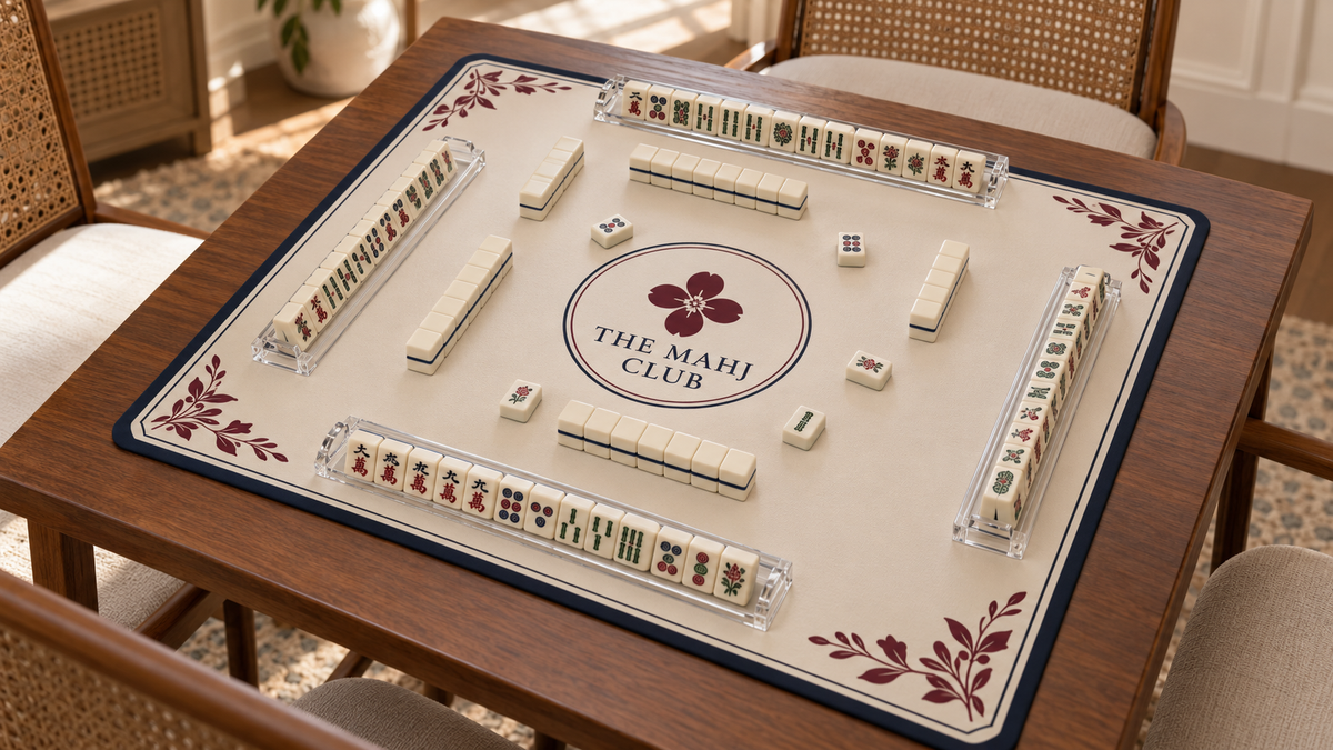 Mahjong tiles and clear racks on an ivory mat featuring a fictional The Mahj Club logo.