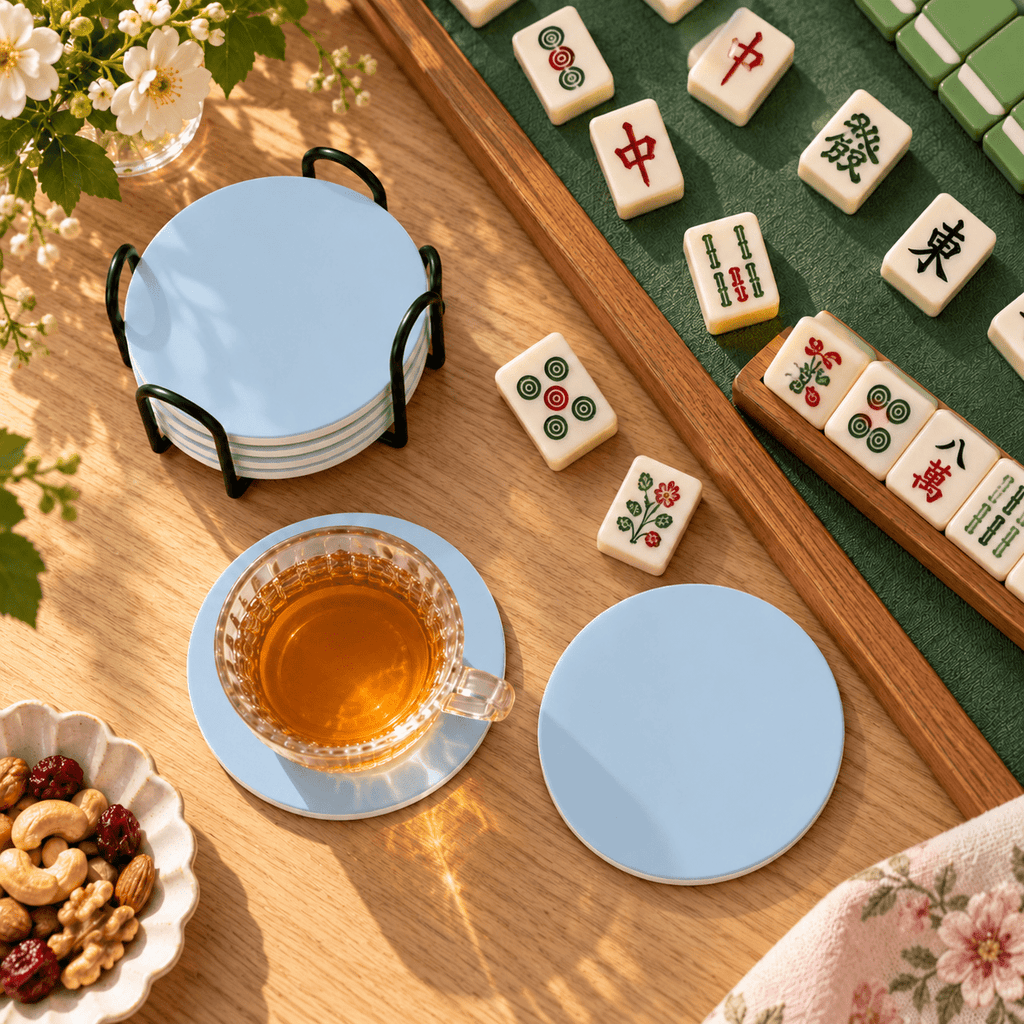 Powder Blue Ceramic Coasters with Holder | Set of 6 - Mahj Mat Studio