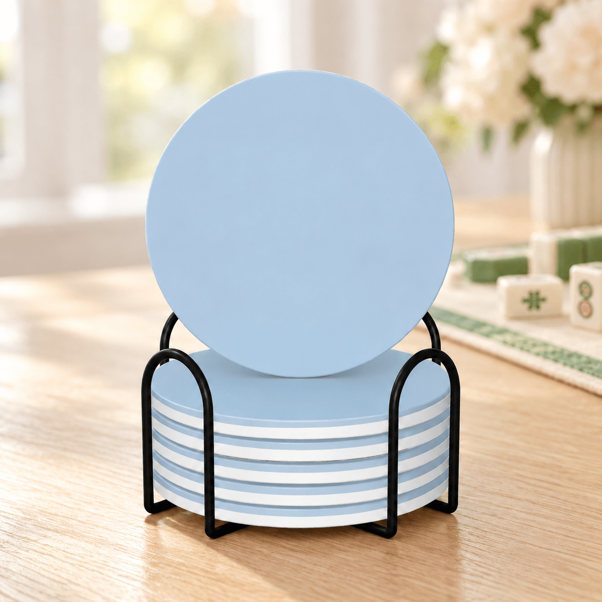 Powder Blue Ceramic Coasters with Holder | Set of 6 - Mahj Mat Studio