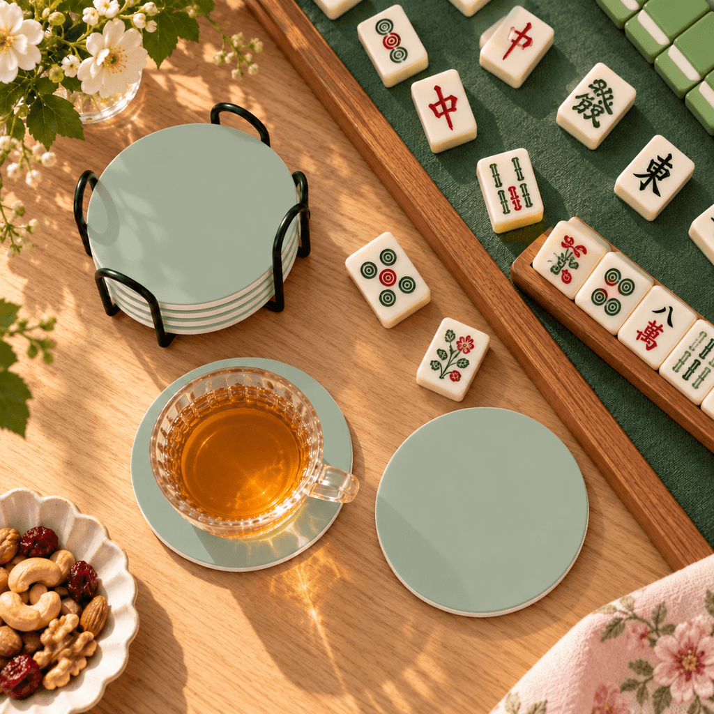 Sage Green Ceramic Coasters with Holder | Set of 6 - Mahj Mat Studio