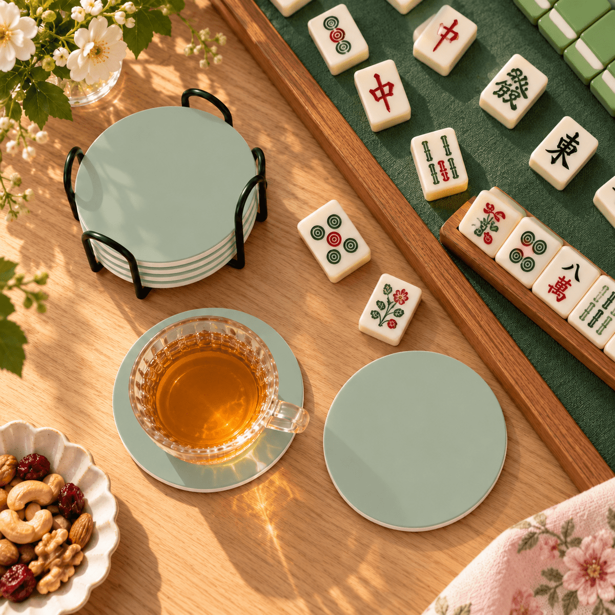 Sage Green Ceramic Coasters with Holder | Set of 6 - Mahj Mat Studio