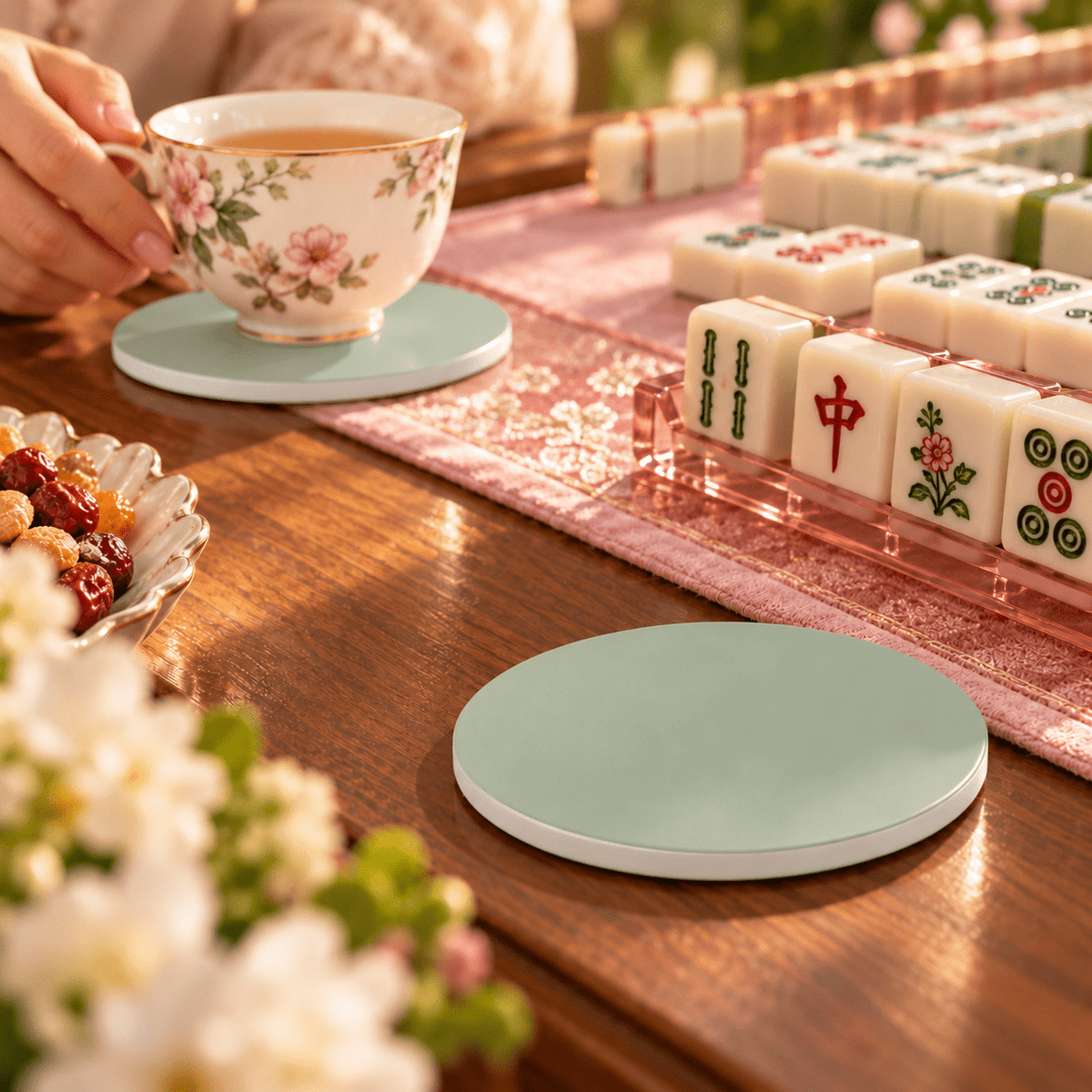 Sage Green Ceramic Coasters with Holder | Set of 6 - Mahj Mat Studio