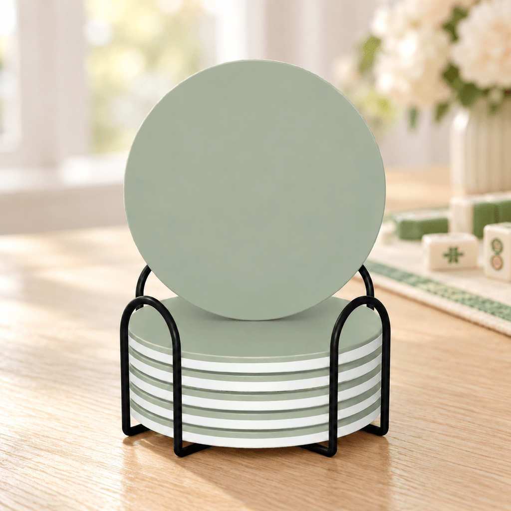 Sage Green Ceramic Coasters with Holder | Set of 6 - Mahj Mat Studio