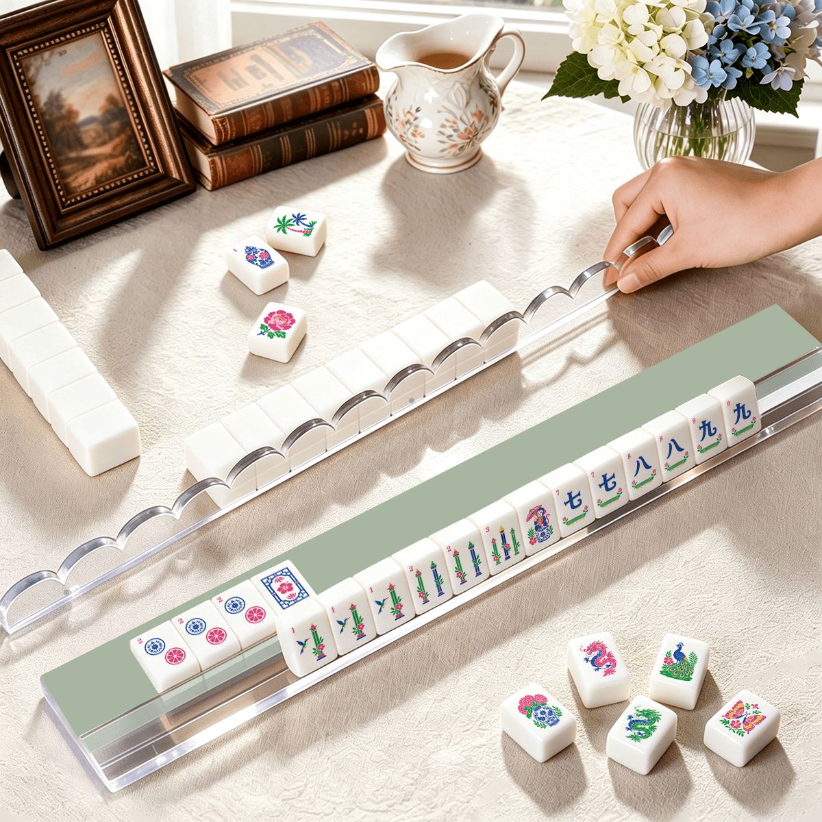 Sage Green Mahjong Rack & Pusher Set of 4 - Mahj Mat Studio